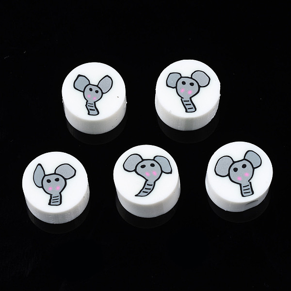 PandaHall Handmade Polymer Clay Beads, for DIY Jewelry Crafts Supplies, Flat Round with Elephant, White, 9~9.5x3.5~5mm, Hole: 1.6mm Polymer...