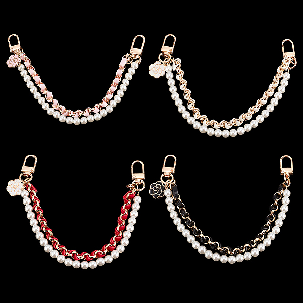 ANATTASOUL 4Pcs 4 Colors Plastic Pearl Beaded & PU Leather Chain Mobile Straps, with Alloy Clasp, Mobile Phone Accessories, Mixed Color, 27x1.6x0.8cm, 1pc/color