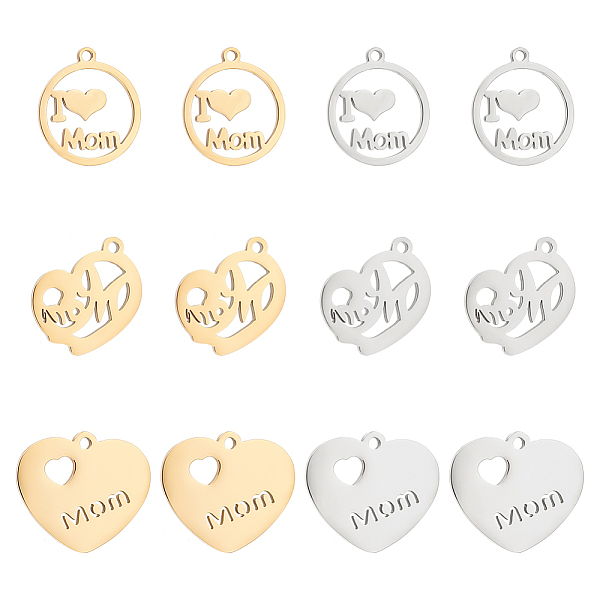 

PandaHall Unicraftale 12Pcs 6 Style 304 Stainless Steel Pendants, Mixed Shapes, for Mother's Day, Flat Round & Heart, Golden & Stainless...