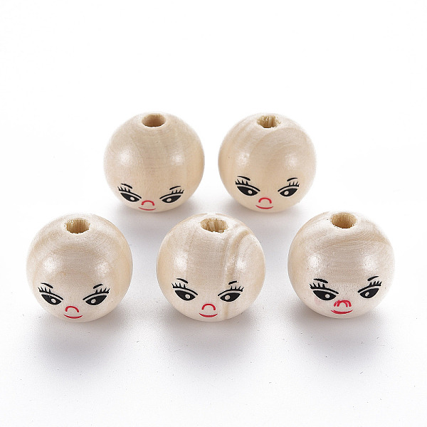 

PandaHall Printed Natural Wood European Beads, Undyed, Large Hole Beads, Round with Expression Pattern, BurlyWood, 21~22x20.5mm, Hole: 5mm..., Orange