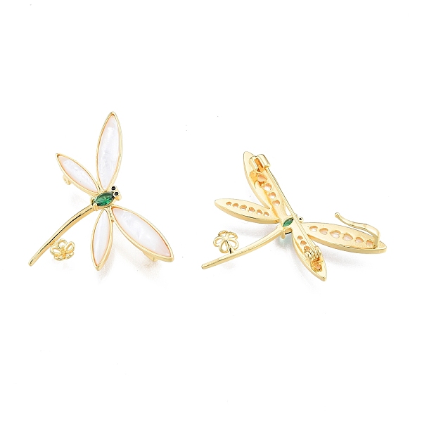 

PandaHall Brass Brooch Findings, Lapel Pin Findings with Shell and Glass, for Half Drilled Beads, Dragonfly, Real 18K Gold Plated, 35x49x8mm..., Green