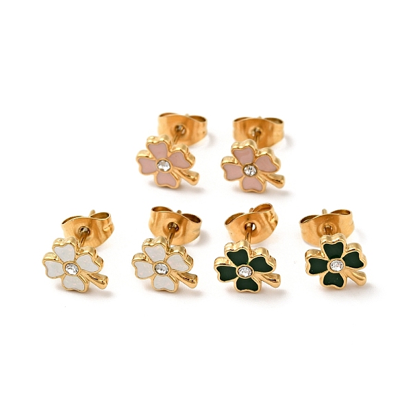 

PandaHall Enamel Clover with Crystal Rhinestone Stud Earrings with 316 Surgical Stainless Steel Pins, Gold Plated 304 Stainless Steel..., Multicolor