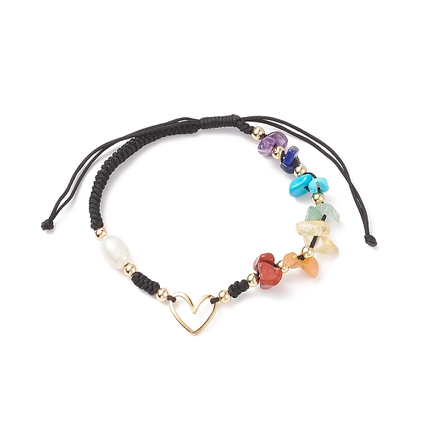 

PandaHall Natural Mixed Stone & Freshwater Pearl Braided Bead Bracelets, Brass Heart Link Bracelet for Men Women, Black, Inner Diameter...