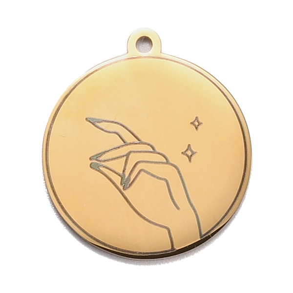 

PandaHall 304 Stainless Steel Pendants, Flat Round with Hand and Star, Golden, 28x25x1.4mm, Hole: 2mm 304 Stainless Steel Flat Round