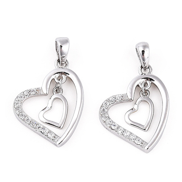 

PandaHall Rhodium Plated 925 Sterling Silver Micro Pave Clear Cubic Zirconia Pendants, Double Heart Charms wit 925 Stamp, Real Platinum..., Brown