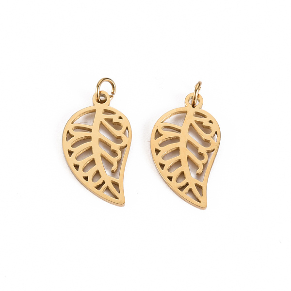 

PandaHall 304 Stainless Steel Charms, with Jump Rings, Laser Cut, Leaf, Real 14K Gold Plated, 14x8x1mm, Jump Ring: 2.8x0.5mm, 1.8mm inner...