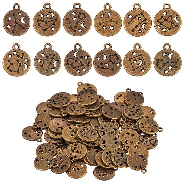 84 Pieces Zodiac Sign Charm Pendants 12 Constellation Charm Pendant Alloy Charm for Jewelry Necklace Earring Making Crafts, Antique Bronze, 13.8mm, Hole: 1.7mm