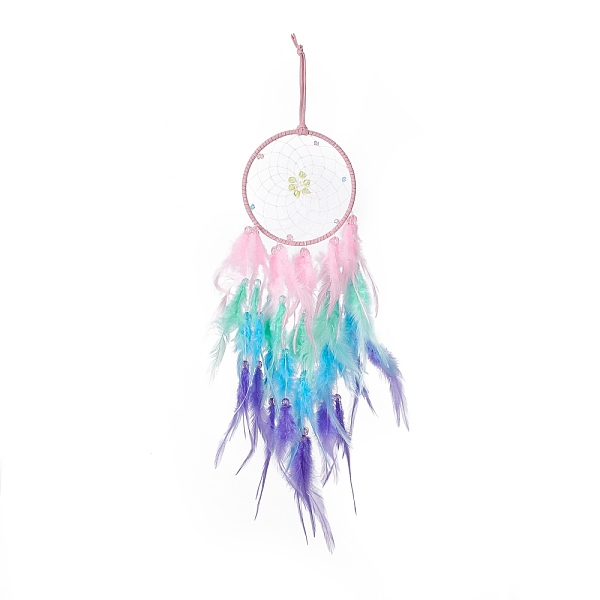 

PandaHall Iron Woven Web/Net with Feather Pendant Decorations, with Acrylic Beads, Covered with Leather Cord, Flat Round, Colorful, 605mm...