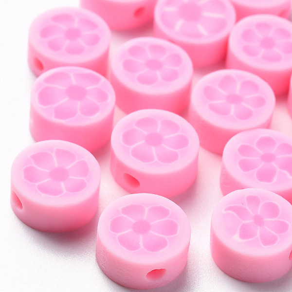 

PandaHall Handmade Polymer Clay Beads, Flat Round with Flower, Pink, 9~10x4~5mm, Hole: 1.4mm Polymer Clay Flat Round Pink