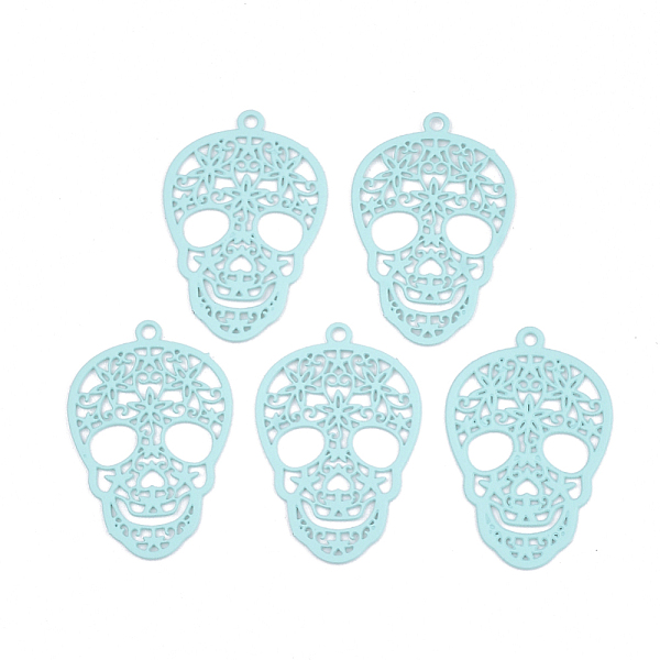

PandaHall 430 Stainless Steel Filigree Pendants, Spray Painted, Etched Metal Embellishments, Skull, Pale Turquoise, 23x15x0.5mm, Hole: 1.2mm..., Cyan