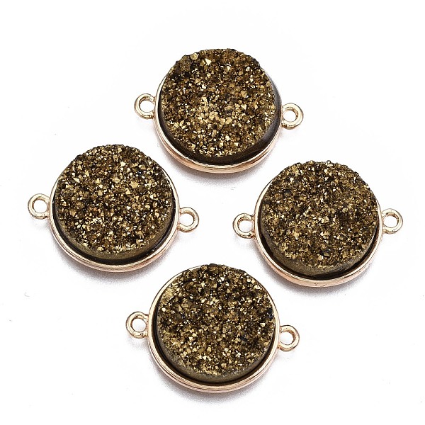 

PandaHall Natural Druzy Agate Links Connectors, with Light Gold Brass Findings, Dyed, Flat Round, Dark Khaki, 24x18x6.5~7.5mm, Hole: 1.8mm...