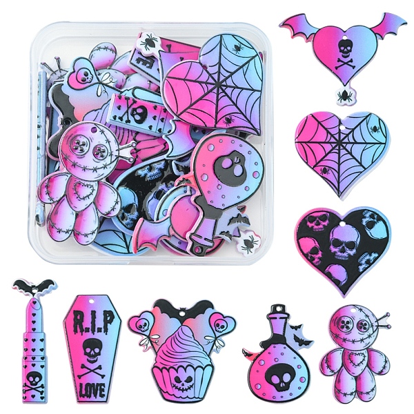 PandaHall 16Pcs 8 Style Halloween Printed Acrylic Pendants, Mummy/Bat/Skull/Heart/Cake Charm, Mixed Patterns, 32~46x15~45x2~2.6mm, Hole...