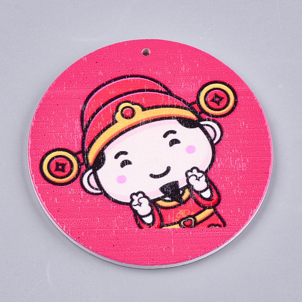 PandaHall Printed Wooden Big Pendants, Dyed, Flat Round with Fashion Lady, Colorful, 60x2.5mm, Hole: 1.5mm Wood Flat Round