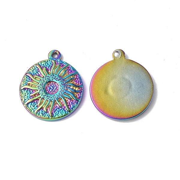 

PandaHall Ion Plating(IP) 304 Stainless Steel Pendants, Textured, Flat Round with Sun Charm, Rainbow Color, 17.5x15x2mm, Hole: 1mm 304...