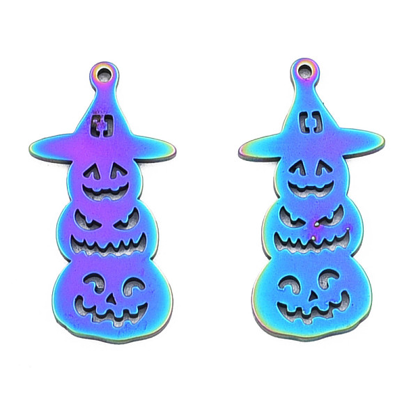 

PandaHall Ion Plating(IP) 201 Stainless Steel Pendants, Halloween Style, Pumpkin Jack-O'-Lantern, Rainbow Color, 30x15x1mm, Hole: 1.4mm 201...