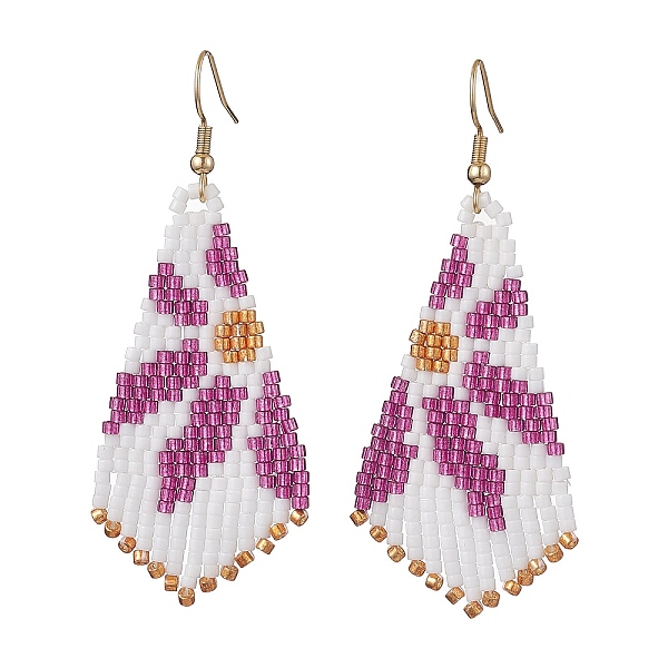 

PandaHall Glass Seed Beaded Dangle Earrings, with 304 Stainless Steel Earring Hooks, Rhombus with Flower Pattern, Medium Orchid, 69x29mm...