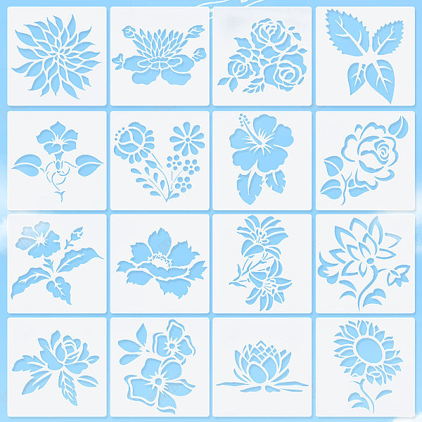 

PandaHall GORGECRAFT 16PCS 16 Patterns 6 x 6 Flower Hollow Out Stencils Reusable Rose Painting Stencil Large Mixed Floral Lotus Leaves..., White