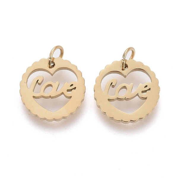 

PandaHall Valentine's Day Ion Plating(IP) 304 Stainless Steel Charms, with Jump Ring, Flower with Word Love, Golden, 9x1mm, Hole: 2.5mm 304...