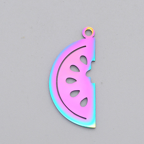 

PandaHall Ion Plating(IP) 201 Stainless Steel Pendants, Laser Cut, Watermelon, Rainbow Color, 29x13x1mm, Hole: 1.8mm 201 Stainless Steel...