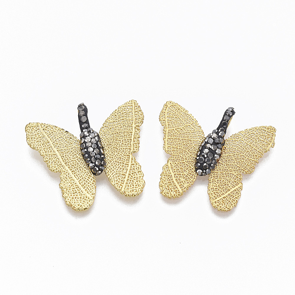 

PandaHall Iron Pendants, Electroplate Natural Leaf, with Polymer Clay Rhinestone, Butterfly, Jet Hematite, Golden Plated, PP11(1.7~1.8mm)...