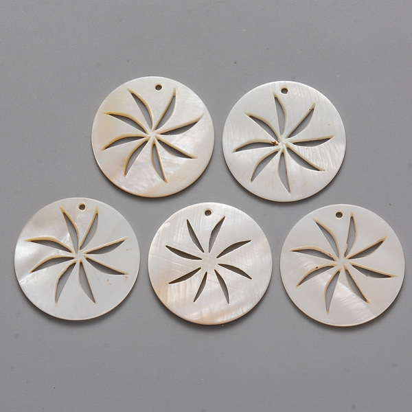 

PandaHall Natural Freshwater Shell Pendants, Flat Round with Hollow Windmill, 30x2mm, Hole: 1.6mm Freshwater Shell Flat Round