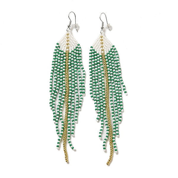 

PandaHall Bohemia Woven Glass Seed Bead Dangle Earrings, Tassel Chandelier Iron Earrings for Women, Teal, 140mm Seed Beads Cyan