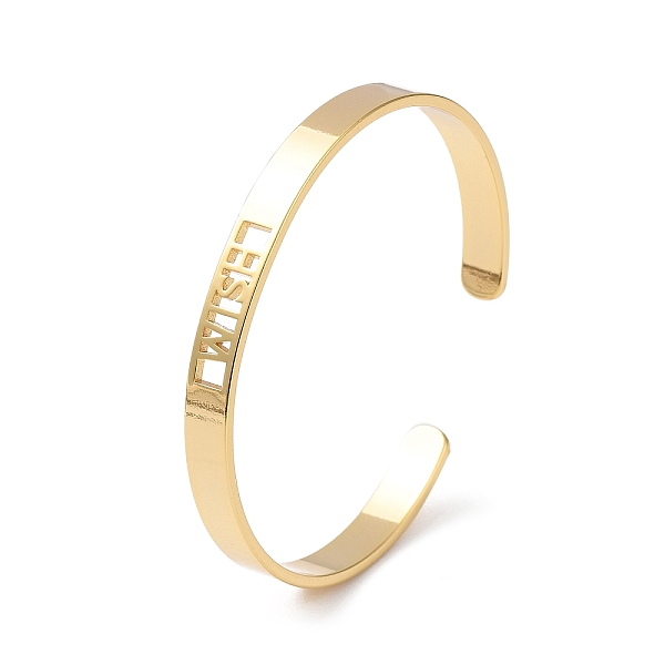 

PandaHall Rack Plating Brass Open Cuff Bangles for Women, Hollow Word Bangle, Golden, Inner Diameter: 2-1/4 inch(5.7cm) Brass Ring