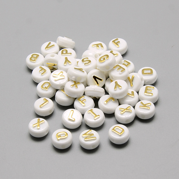 

PandaHall Plating Acrylic Beads, Golden Metal Enlaced, Horizontal Hole, Mixed Letters, Flat Round, Gold, 9.5~10x6mm, Hole: 2mm Acrylic Flat...