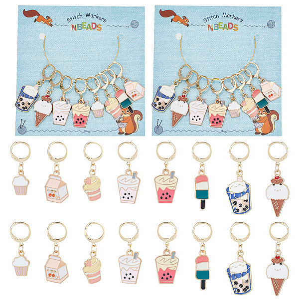 

PandaHall Alloy Enamel Pendant Stitch Markers, Crochet Leverback Hoop Charms, Locking Stitch Marker with Wine Glass Charm Ring, Boba Milk..., Multicolor