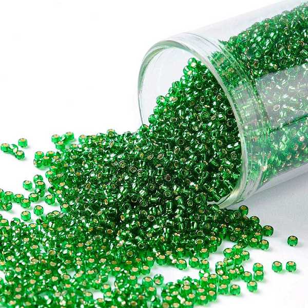 

PandaHall TOHO Round Seed Beads, Japanese Seed Beads, (27B) Silver Lined Grass Green, 15/0, 1.5mm, Hole: 0.7mm, about 3000pcs/bottle...