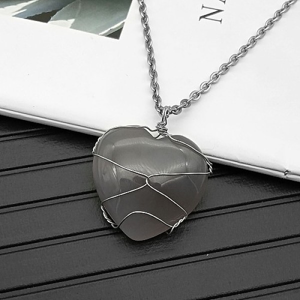 

PandaHall Natural Gray Agate Pendant Necklaces, 19.69 inch(50cm) Grey Agate Heart