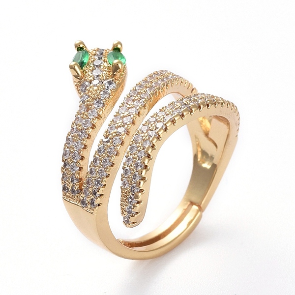 PandaHall Adjustable Brass Micro Pave Cubic Zirconia Finger Rings, Snake, Golden, Size 6, 16.7mm Brass+Cubic Zirconia Clear
