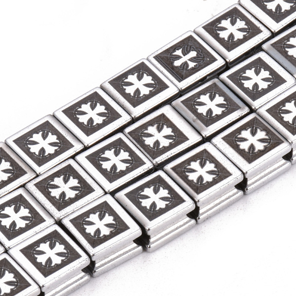 PandaHall Electroplate Non-magnetic Synthetic Hematite Beads Strands, Square with Cross, Platinum Plated, 8x8x5mm, Hole: 2mm, about...