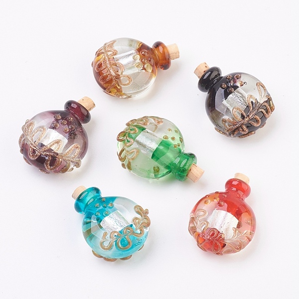

PandaHall Handmade Silver Foil Lampwork Perfume Bottle Pendants, Essential Oil Bottle, with Gold Sand, Mixed Color, 32.5~34mm, Hole: 5mm..., Multicolor