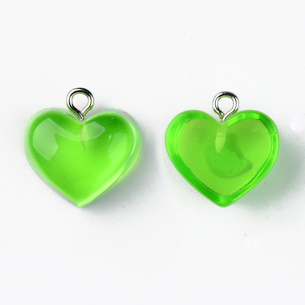 

PandaHall Transparent Resin Pendants, with Platinum Tone Iron Loop, Heart, Lime Green, 16.5x17x9.5mm, Hole: 1.8mm Iron+Resin Heart Green