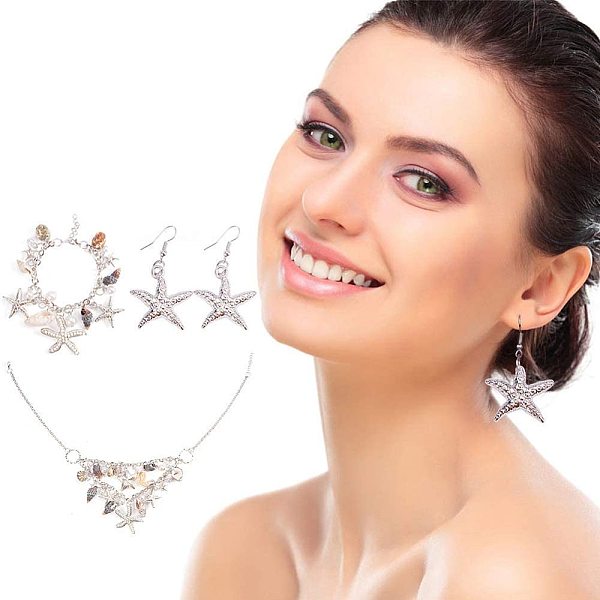 

PandaHall 3 IN 1 Fashion Sea Shell Starfish Faux Pearl Collar Bib Statement Chunky Necklace Bracelet and Earrings Set in Gift Box..., Multicolor