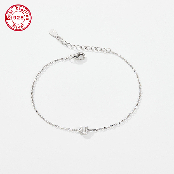 

PandaHall Rhodium Plated 925 Sterling Silver Letter Cubic Zirconia Link Bracelets, Cable Chains Bracelets for Women, Letter U, 6-1/4 inch..., Clear