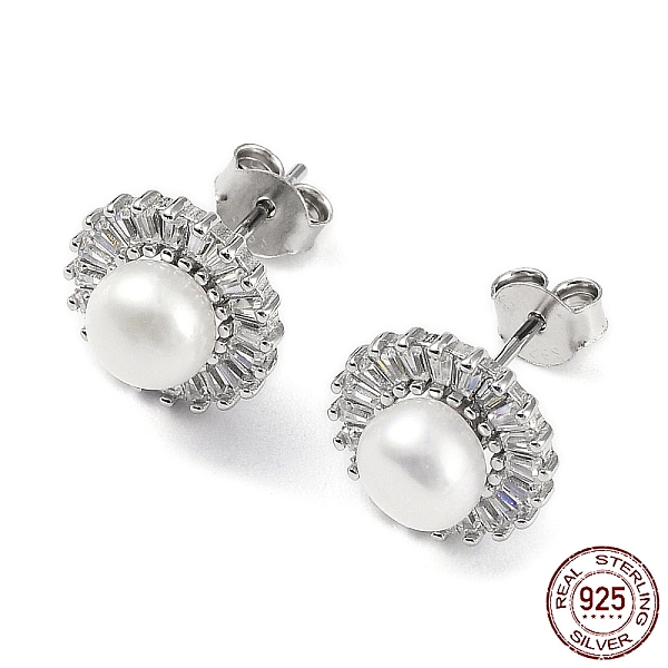 

PandaHall Cubic Zirconia Flower with Natural Pearl Stud Earrings, Rhodium Plated 925 Sterling Silver Earrings for Women, Platinum, 12mm...