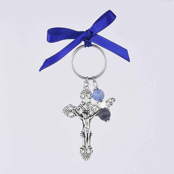 

PandaHall Crucifix Cross Keychain, with Tibetan Style Alloy Pendants, 316 Surgical Stainless Steel Split Key Rings and Natural Sodalite..., Blue