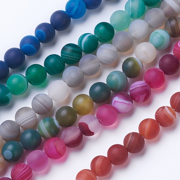 PandaHall Natural Grade A Striped Agate/Banded Agate Beads Strands, Dyed & Heated, Frosted, Round, Mixed Color, 8~8.5mm, Hole: 1.2mm, about...