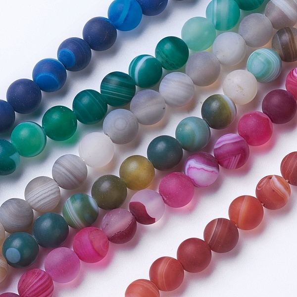 

PandaHall Natural Grade A Striped Agate/Banded Agate Beads Strands, Dyed & Heated, Frosted, Round, Mixed Color, 8~8.5mm, Hole: 1.2mm, about..., Multicolor