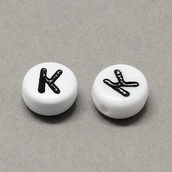 

PandaHall White and Black Acrylic Horizontal Hole Letter Beads, Flat Round with Letter.K, 7x4mm, Hole: 1.3mm, about 3600pcs/500g Acrylic...
