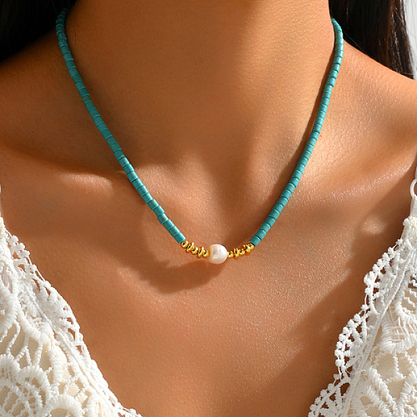 Colonne Turquoise Synthétique Et Collier De Perles Naturelles