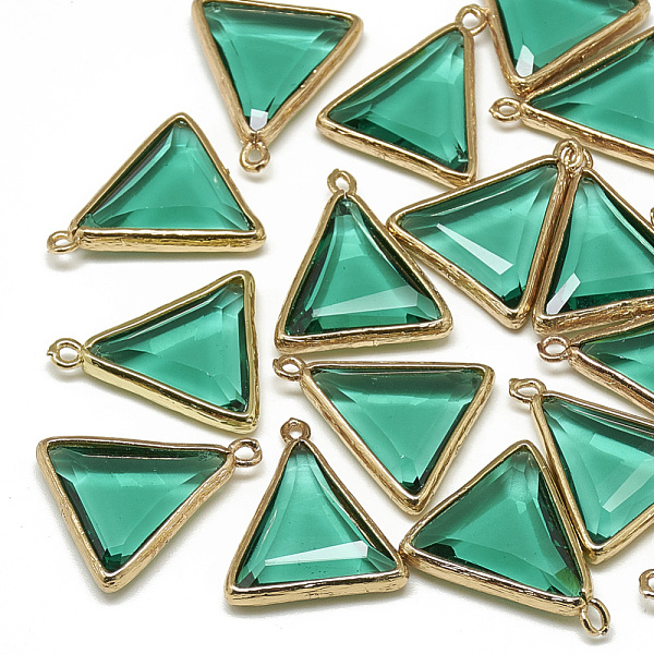 

PandaHall Glass Pendants, with Golden Tone Brass Findings, Faceted, Triangle, Dark Cyan, 21.5x18x4.5mm, Hole: 1.5~2mm Brass+Glass Triangle...