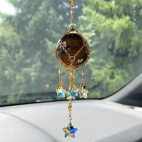 

PandaHall Glass Pendant Decoration, Suncatchers, with Titanium Steel Findings, Natural Tiger Eye Ball, 200~210mm Tiger Eye Star