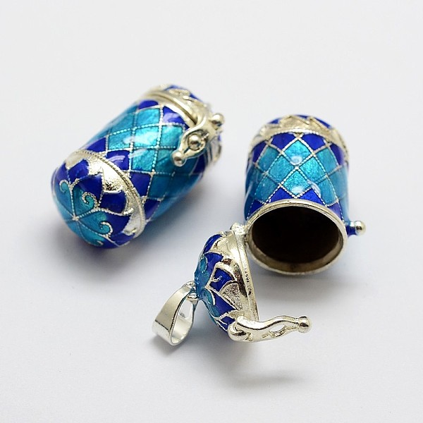

PandaHall Brass Prayer Box Pendants, with Enamel, Column & Flower, Silver Color Plated, Blue, 28x18.5x14.5mm, Hole: 4x6mm Brass Column Blue