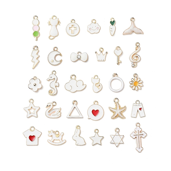 

PandaHall 30Pcs 30 Style Light Gold Alloy Enamel Pendants, Bowknot & Lightning Bolt & Japanese Dango & Cloud & Flower & Flat Round & Star &..., White