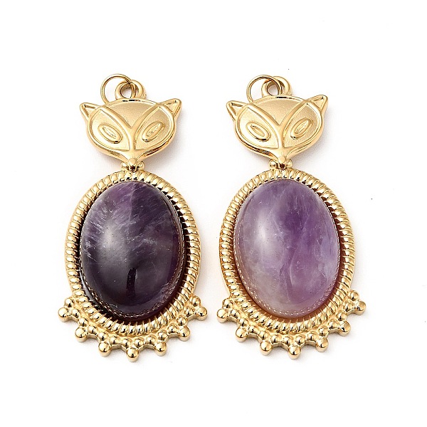 

PandaHall Fox Natural Amethyst Pendants, with Ion Plating(IP) Golden Tone 304 Stainless Steel Findings, Oval Charm, 38x18.5x7.5mm, Hole...