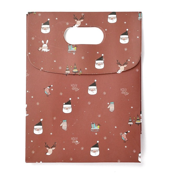 PandaHall Christmas Themed Pattern Rectangle Kraft Paper Flip Bags, with Handle, Gift Bags, Shopping Bags, Indian Red, 14x6x16.5cm Paper