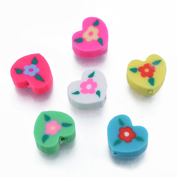 

PandaHall Handmade Polymer Clay Beads, Heart with Flower, Mixed Color, 9~9.5x10~10.5x4.5~5mm, Hole: 1.6mm Polymer Clay Heart Multicolor